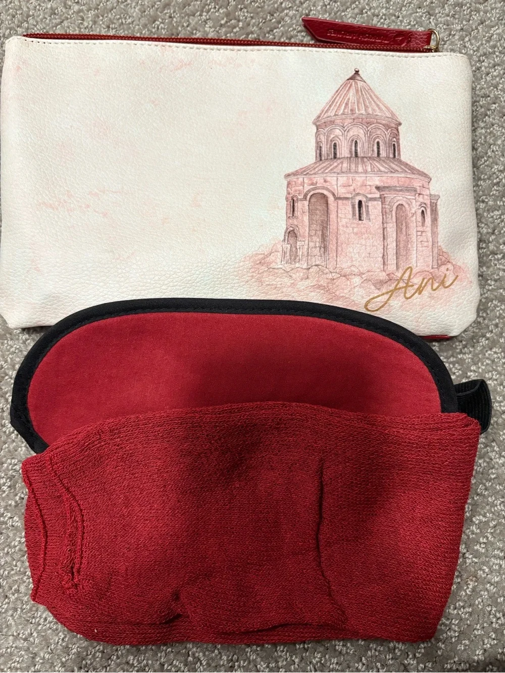 White Pouch with Pink Architectural leather Print & Red Velvet Eye Mask Set